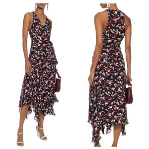 A.L.C. Roslyn Black Coral Multi Print Silk Sleeveless Wrap Midi Dress Sz 8